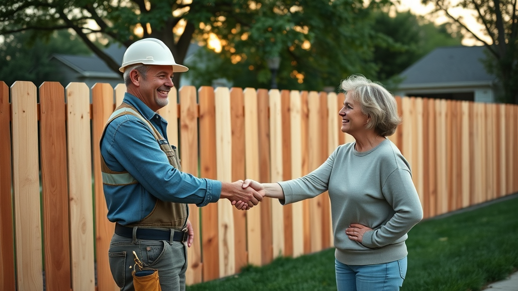 skilled fence contractor and happy homeowner new completed wood privacy fence Tennessee neighborhood