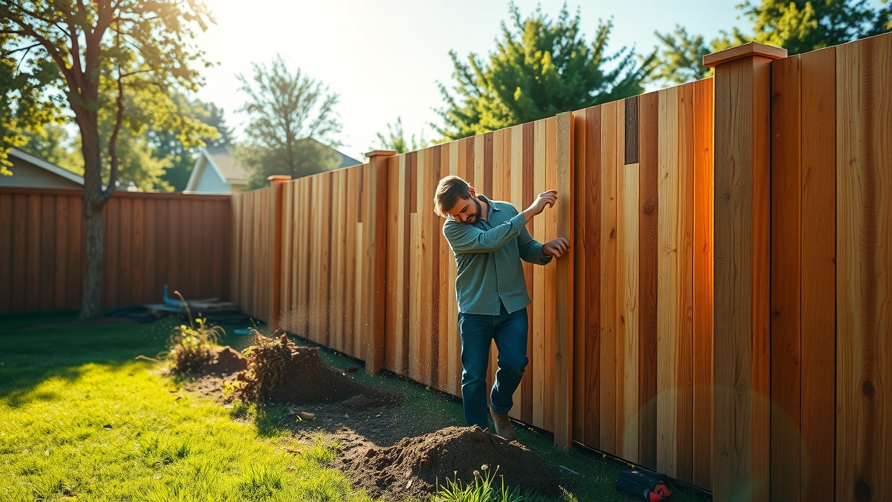 Crew of workers installing wooden privacy fence, digging post holes, and leveling panels in sunny Middle TN.