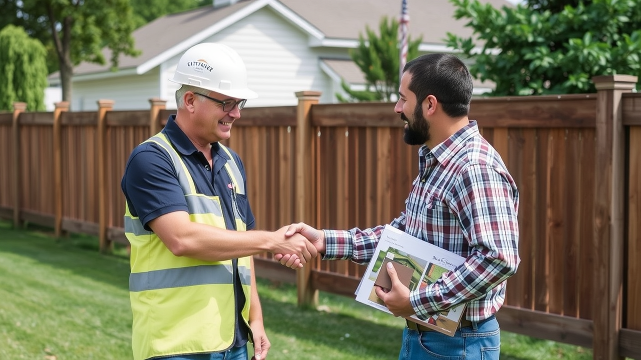 Fence contractor and client shaking hands over fence samples and portfolio in Middle TN office.