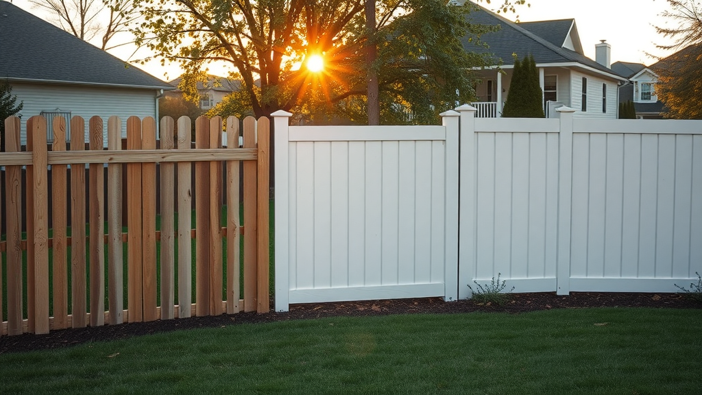 Four types of fences: wood picket, chain link, white vinyl, and privacy fence in a Middle TN yard.