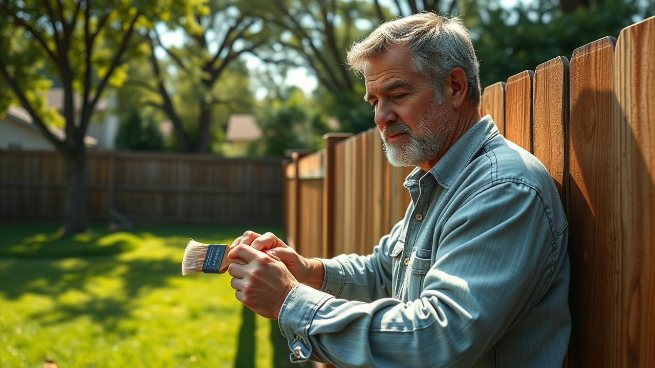 Homeowner staining a wooden fence in Middle TN, maintaining new fence installation checklist.
