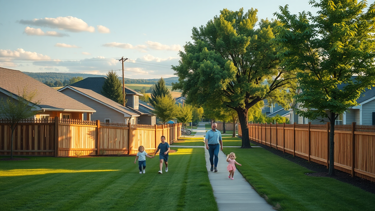 Suburban neighborhood in Middle TN with families and new fences, lush lawns, and large trees.